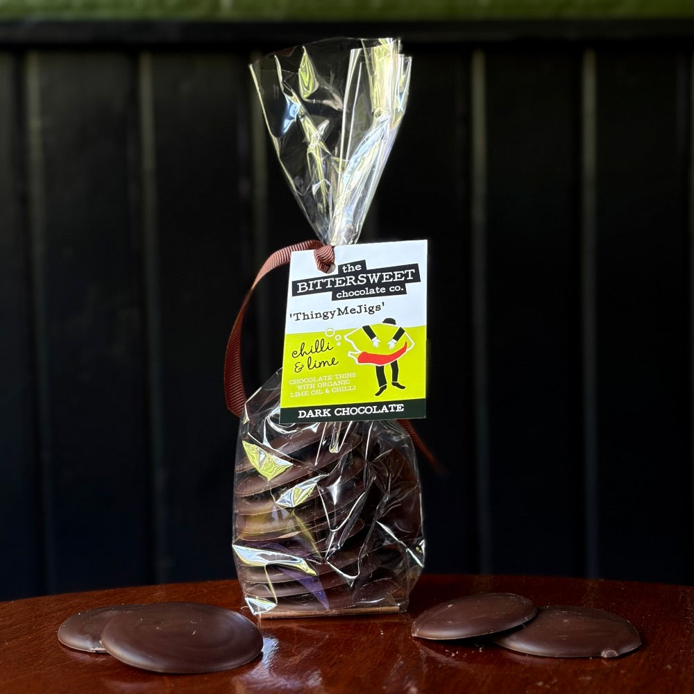 Chilli and Lime ThingyMeJigs — award-winning dark chocolate disks with lime oil and chilli — The Bittersweet Chocolate Co.