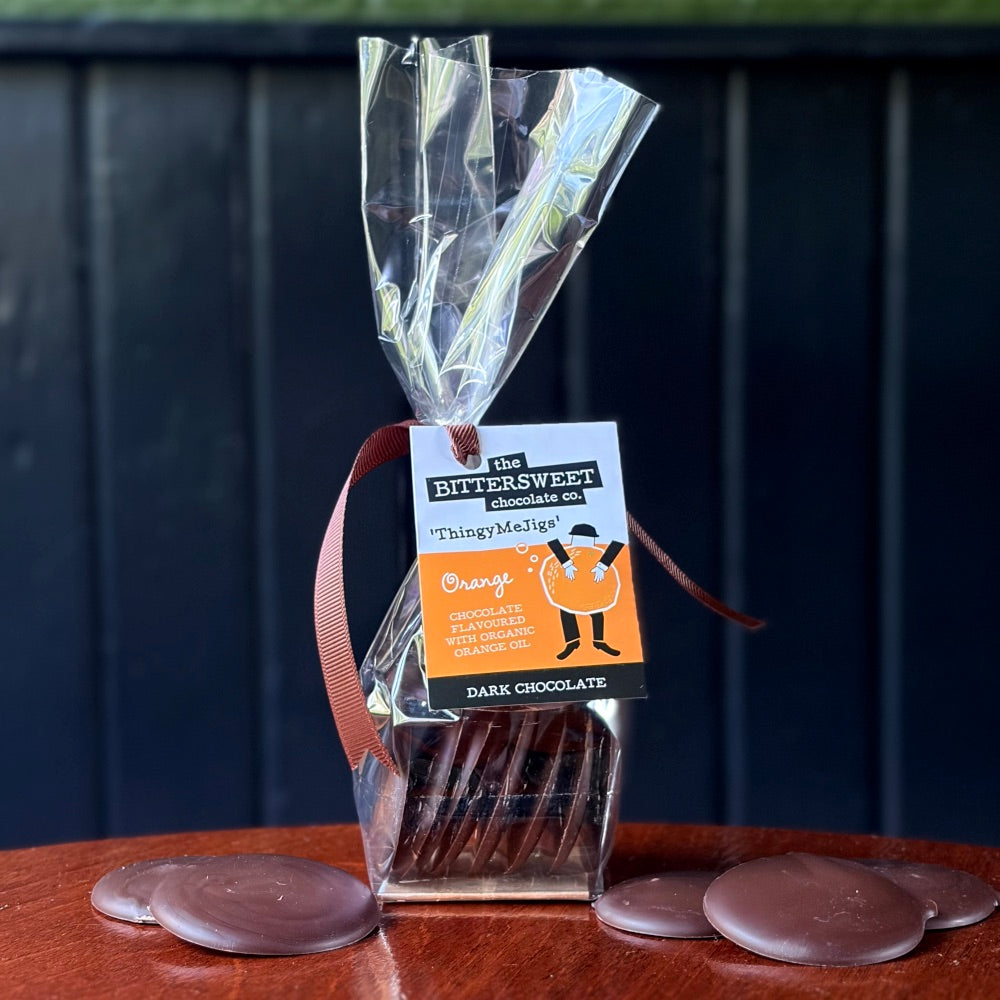 Dark Orange ThingyMeJigs — dark chocolate disks with organic orange oil — The Bittersweet Chocolate Co.